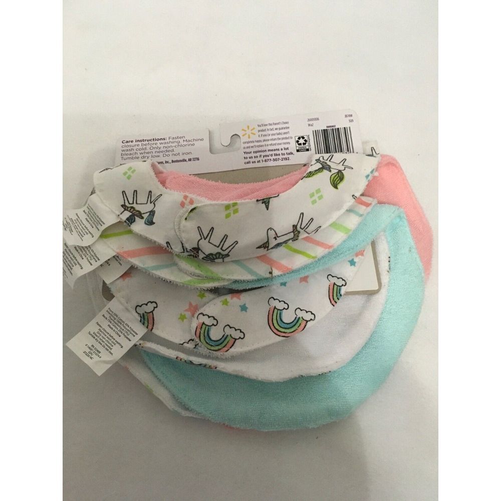 5-Pack Parents Choice Newborn Bibs With Stay-Dry Lining Unicorn & Rainbow Design - Picture 2 of 3